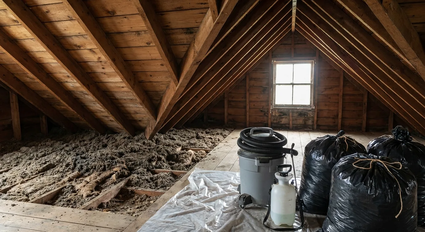 An old attic mid-cleanup: soiled insulation beside a HEPA vacuum, a pump sprayer and tied bags of removed material