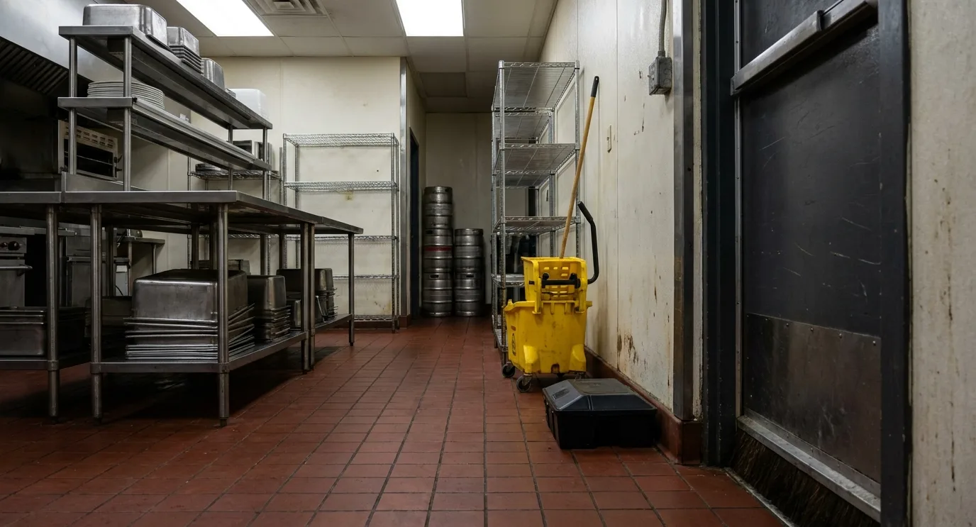 A brewpub kitchen after closing, with kegs, a mop bucket and a lidded rodent station beside the rear steel door