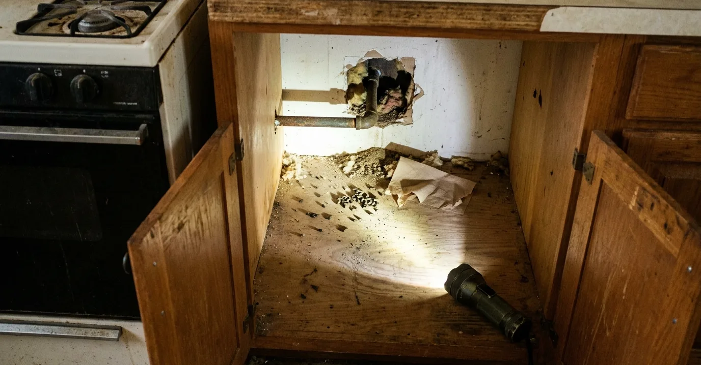 Mouse droppings and chewed paper in an emptied kitchen cabinet below an oversized hole where a gas pipe enters the wall
