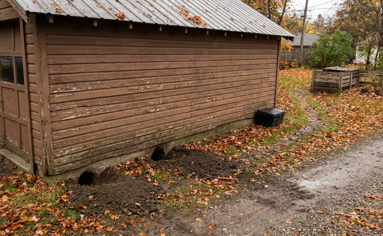 Fresh rat burrows with dug soil along the slab of an old wooden garage beside a gravel alley, with a bait station by the wall