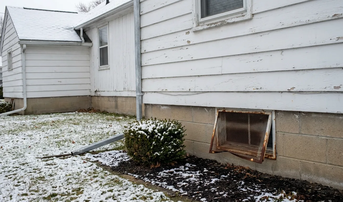 A bent, rusted crawlspace vent screen in the block foundation of a post-war house, early snow on the lawn