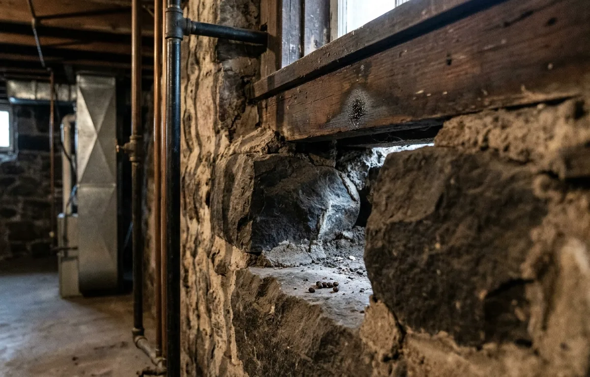 Rodent droppings on a fieldstone ledge where mortar has fallen out below the timber sill in an old basement