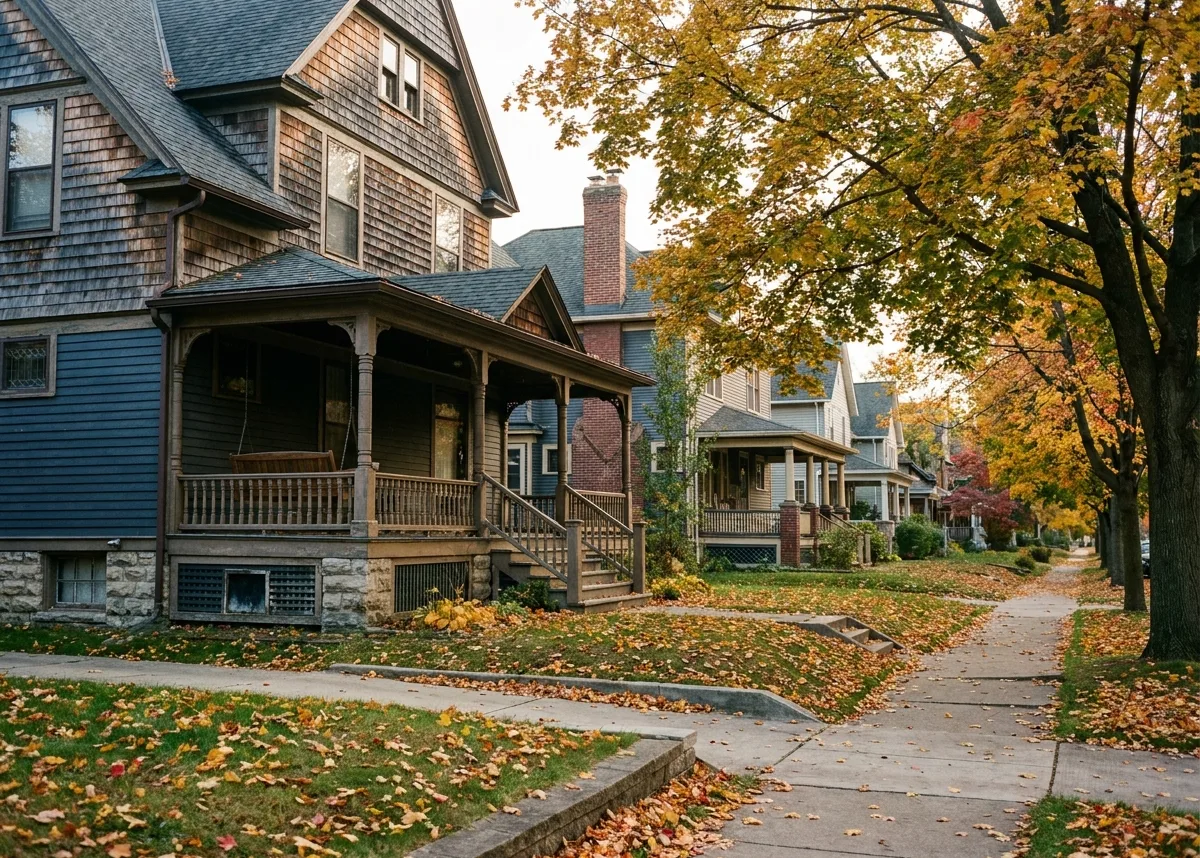 An older Grand Rapids street of porch houses with fieldstone foundations under autumn maples