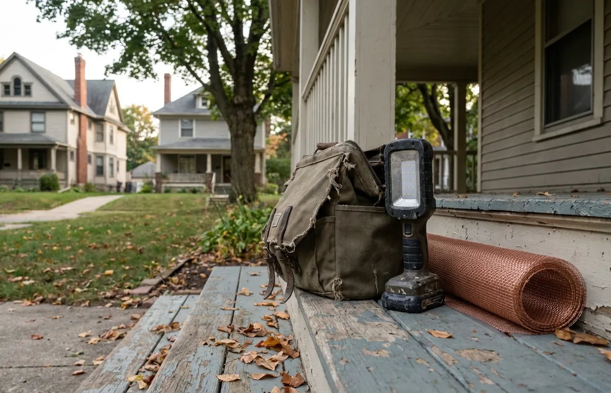 A canvas tool bag, work light and roll of copper mesh on the painted steps of a porch on an older Grand Rapids street