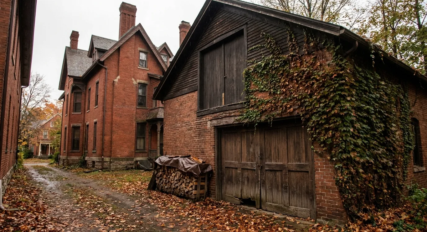 An ivy-covered brick carriage house with worn wooden doors and stacked firewood behind a large Victorian house