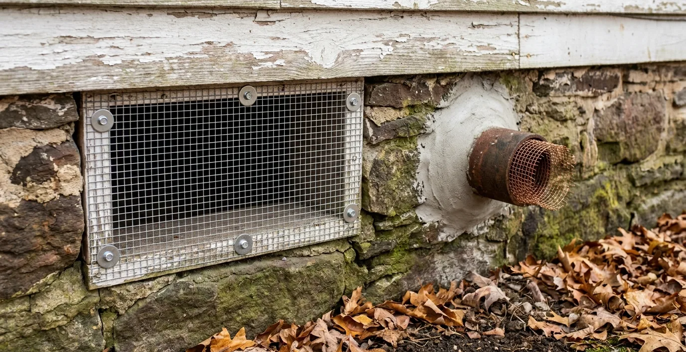 A foundation vent screwed shut with steel hardware cloth and a pipe sealed with copper mesh and fresh mortar in old fieldstone