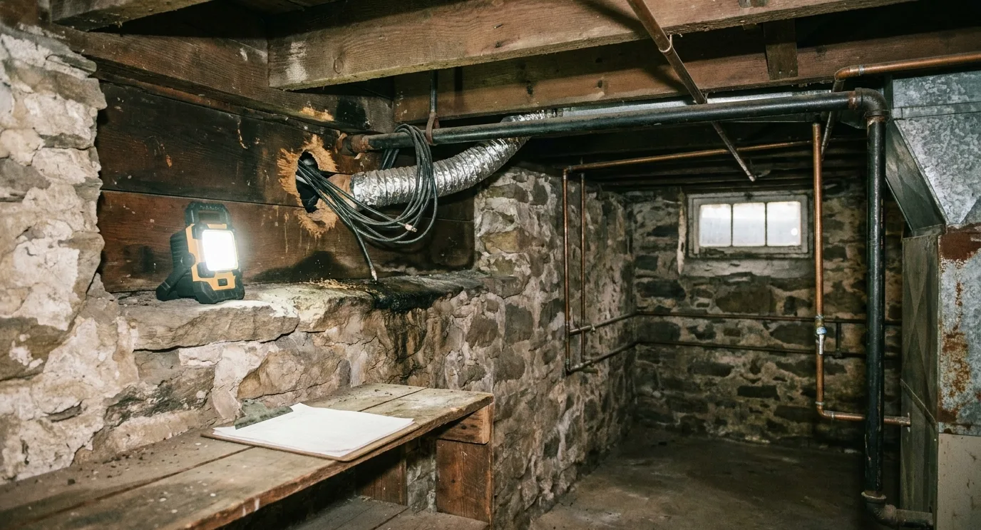 A work light on a fieldstone basement wall aimed at a dryer duct and cables passing out at the rim joist