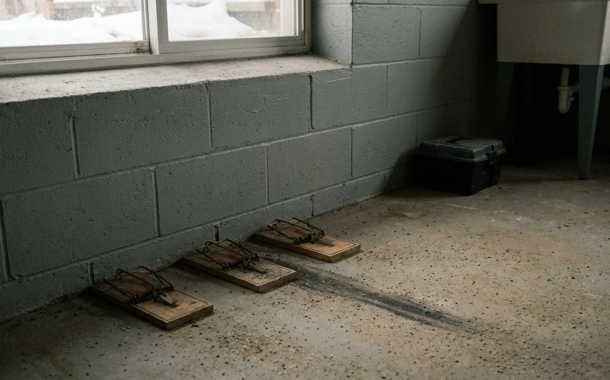 Three snap traps set along a dark rub line at the base of a concrete-block basement wall, snow outside the window